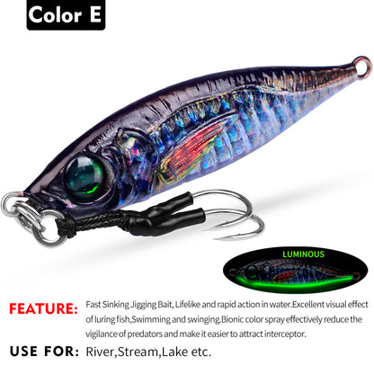 PROBEROS LF137 Luminous Lead Slow Jigging Lure with Twin Assist Hook 3D Eyes Fast Sinking Metal Spoon Bait for Sea Fishing