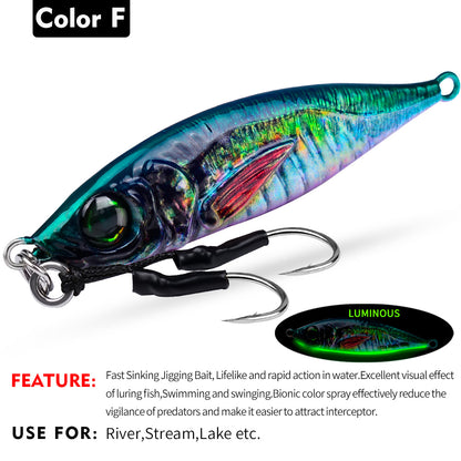 PROBEROS LF137 Luminous Lead Slow Jigging Lure with Twin Assist Hook 3D Eyes Fast Sinking Metal Spoon Bait for Sea Fishing