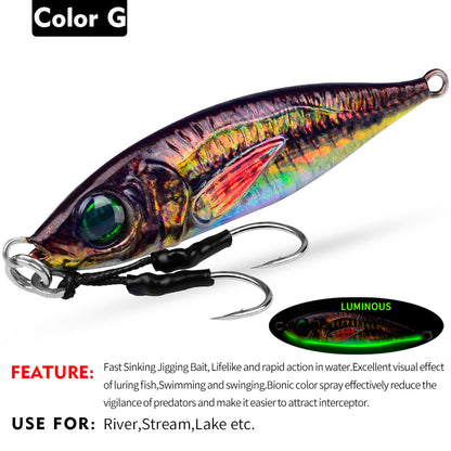 PROBEROS LF137 Luminous Lead Slow Jigging Lure with Twin Assist Hook 3D Eyes Fast Sinking Metal Spoon Bait for Sea Fishing