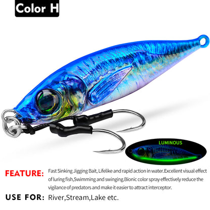 PROBEROS LF137 Luminous Lead Slow Jigging Lure with Twin Assist Hook 3D Eyes Fast Sinking Metal Spoon Bait for Sea Fishing