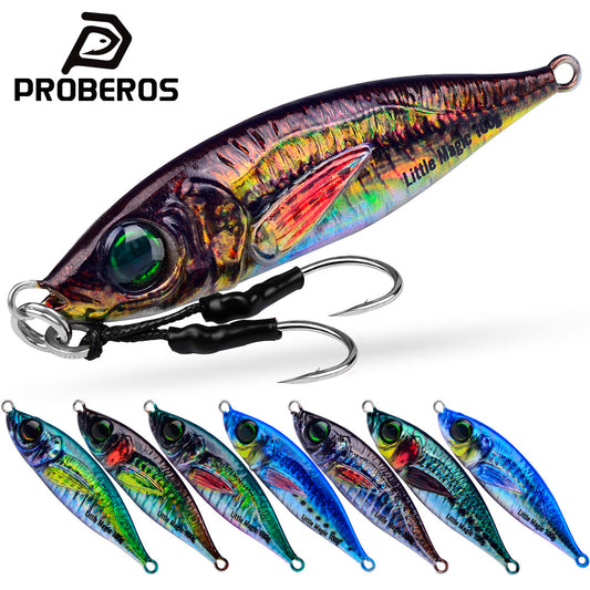 PROBEROS Luminous Lead Slow Jigging Lure with Twin Assist Hook 3D Eyes Fast Sinking Metal Spoon Bait for Sea Fishing