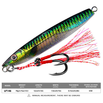 PROBEROS Lead Slow Jigging Lure with Twin Assist Hook &amp; Feather 80G Saltwater Fishing Bait