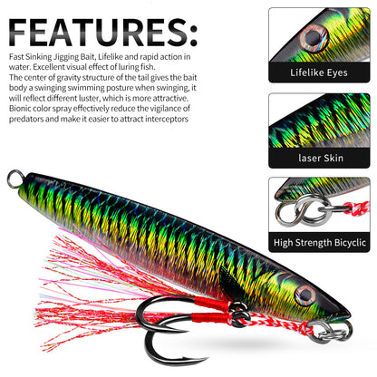 PROBEROS Lead Slow Jigging Lure with Twin Assist Hook &amp; Feather 80G Saltwater Fishing Bait