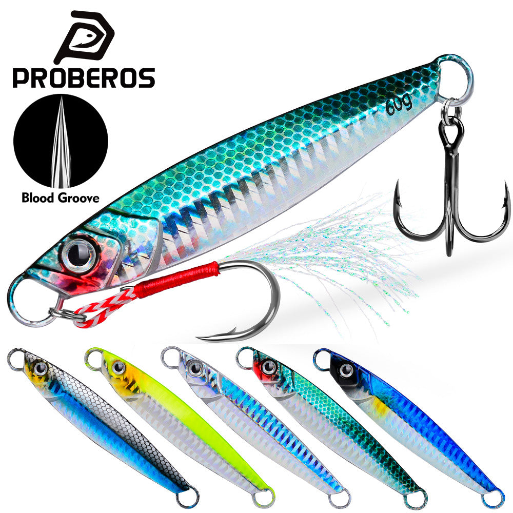 Proberos لويا صفيحة حديد الصيد البحري المعادن بيوميمتيك الطعم 17g / 21g / 24g / 30g / 40g / 60g هوك مزدوجة مضيئة كاذبة الطعم بالجملة