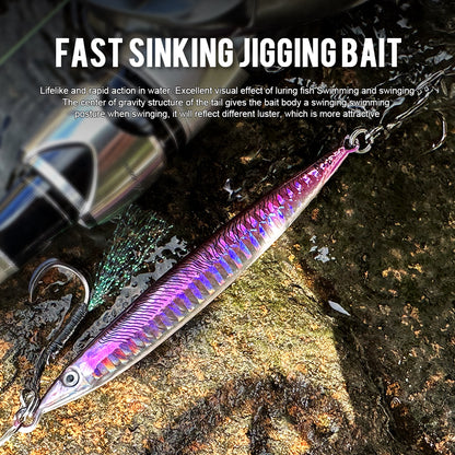 PROBEROS 1 Pc Lead Slow Jigging Lure with Treble Hook; Assist Feather 3D Eyes Saltwater Fishing Bait
