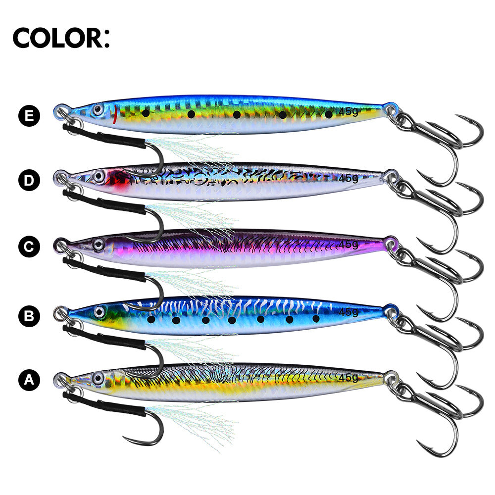 PROBEROS 1 Pc Lead Slow Jigging Lure with Treble Hook &amp; Assist Feather 3D Eyes Saltwater Fishing Bait