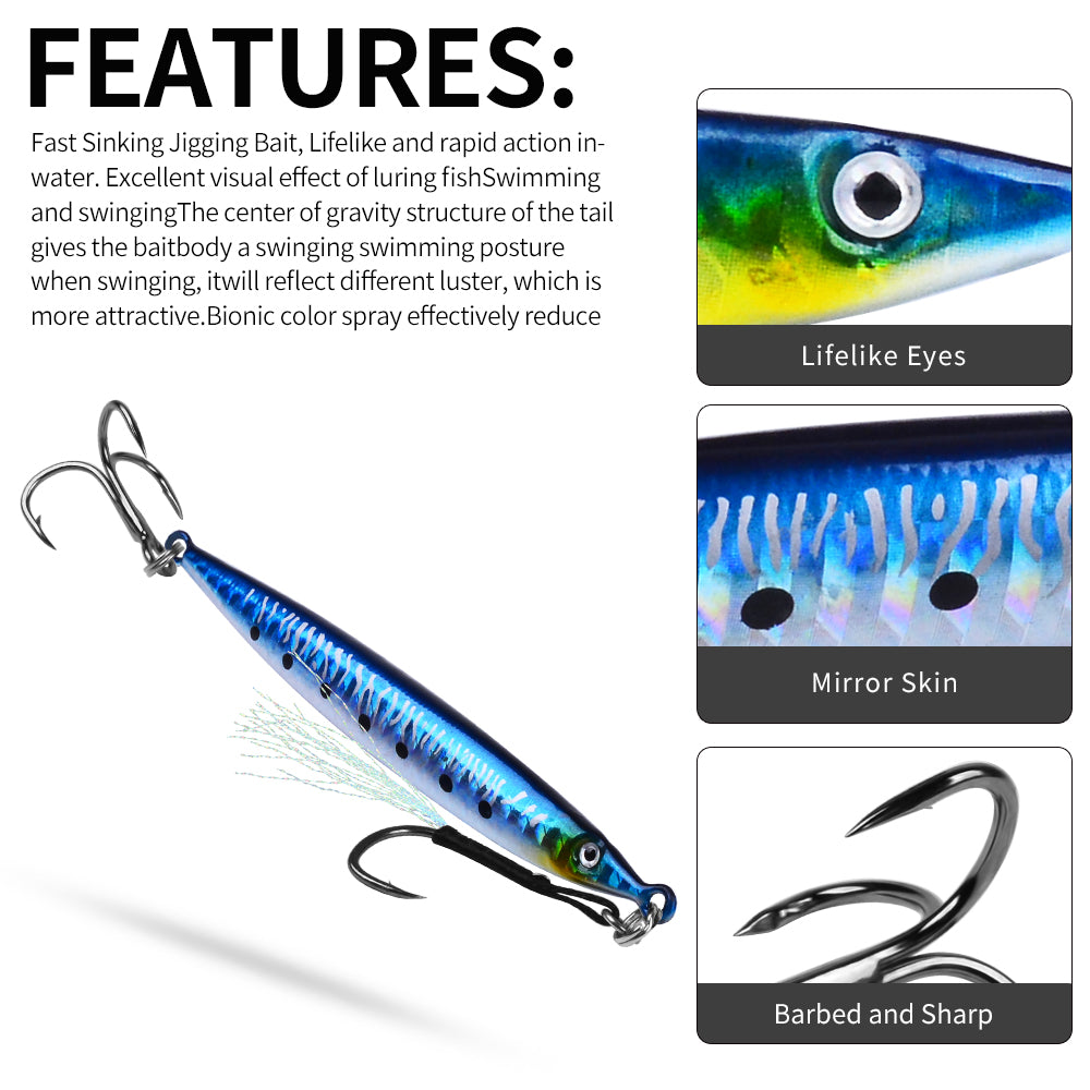 PROBEROS 1 Pc Lead Slow Jigging Lure with Treble Hook &amp; Assist Feather 3D Eyes Saltwater Fishing Bait