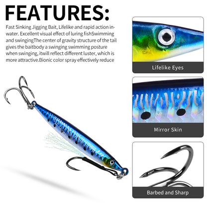 PROBEROS 1 Pc Lead Slow Jigging Lure with Treble Hook; Assist Feather 3D Eyes Saltwater Fishing Bait