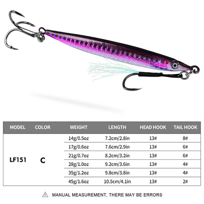 PROBEROS 1 Pc Lead Slow Jigging Lure with Treble Hook; Assist Feather 3D Eyes Saltwater Fishing Bait