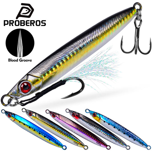 PROBEROS Lead Slow Jigging Lure with Blood Groove Treble Hook &amp; Assist Feather 3D Eyes Saltwater Fishing Bait