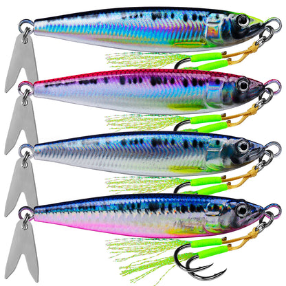PROBEROS 4 PCS Slow Sinking Metal Jig Fishing Lures - 3D Printed Hard Bait with Treble Hooks & Willow Blades