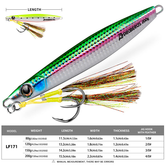 PROBEROS Lead Slow Jigging Lure (with Feathered Assist Hook )5 Colors (A-E) Saltwater Fishing Bait 80g-200g (1PC Pack)