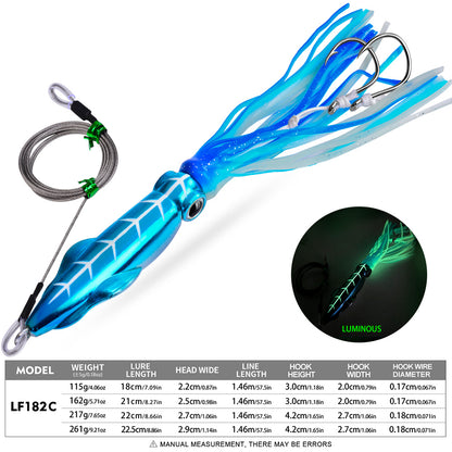 PROBEROS LF182 Octopus/Squid Jigging Lure, 115g-261g, Trolling Squid Bait with Double Hooks Steel Leader