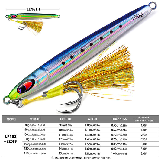 PROBEROS Fast Sinking Jigging Lure with Feather Hook, 30g-150g Laser Coated Saltwater Metal Jig, Pre-Rigged with Assist Hook
