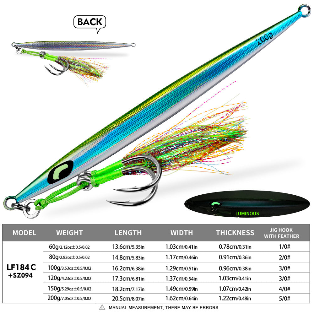 PROBEROS Saltwater Vertical Jigging Lure, 60g-200g, A-E Colors Laser Luminous Deep Sea Jig Lure, for Tuna Kingfish（with hooks）