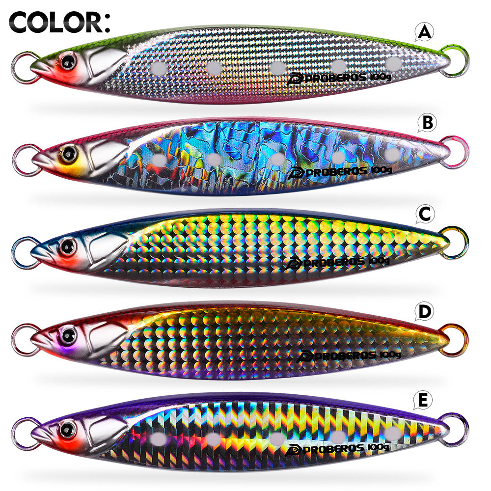PROBEROS Metal Jig Lure, 40g-100g, A-E Colors, Laser Coated Saltwater Vertical Jigging Bait, Lifelike Fish Scale Pattern