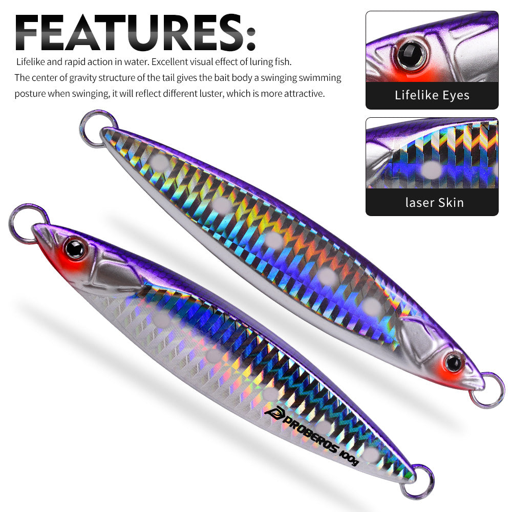 PROBEROS Metal Jig Lure, 40g-100g, A-E Colors, Laser Coated Saltwater Vertical Jigging Bait, Lifelike Fish Scale Pattern