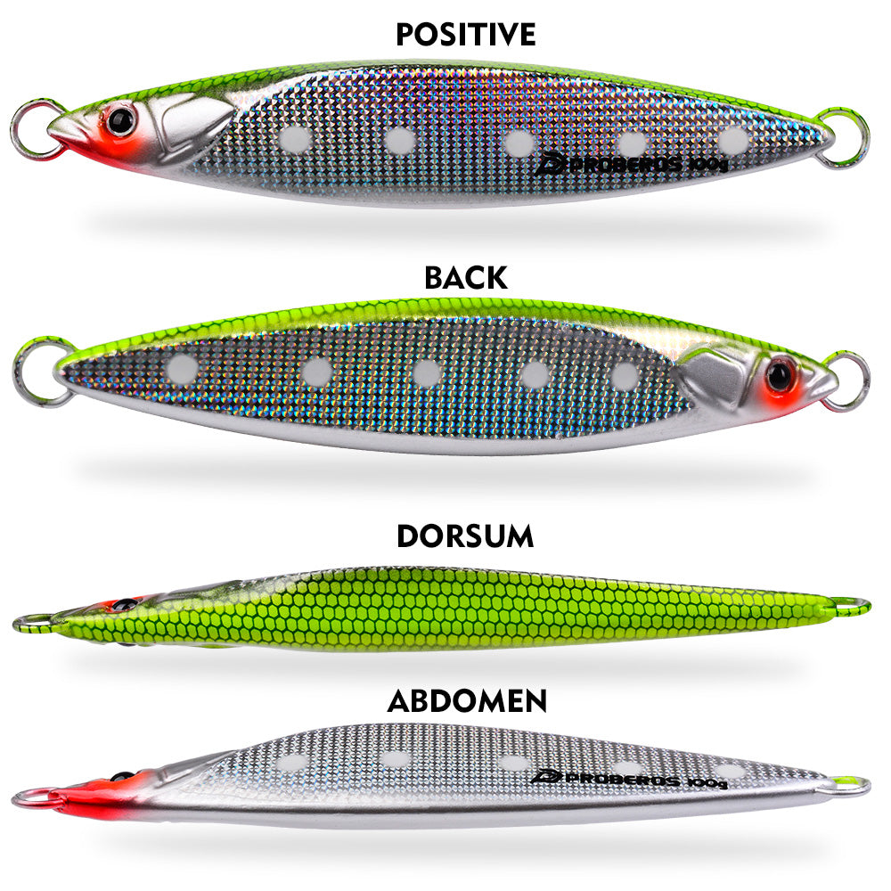 PROBEROS Metal Jig Lure, 40g-100g, A-E Colors, Laser Coated Saltwater Vertical Jigging Bait, Lifelike Fish Scale Pattern