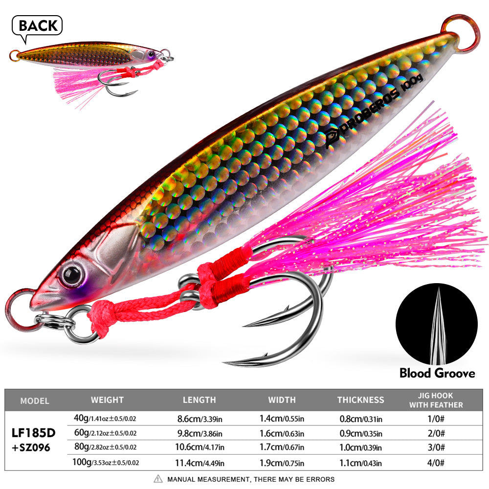 PROBEROS Metal Jig with Feather Assist Hook, 40g-100g, A-E Colors Pre-Rigged Saltwater Jigging Bait, Laser Finish