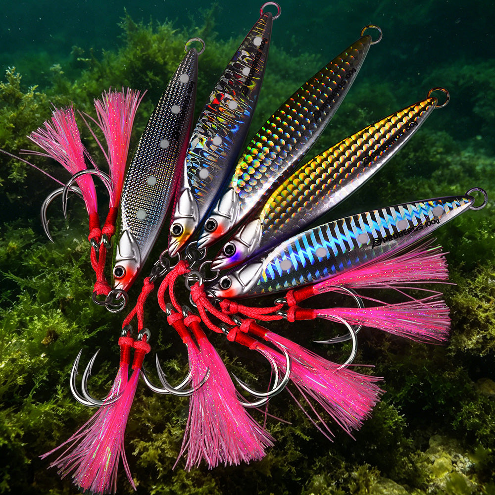 PROBEROS Metal Jig with Feather Assist Hook, 40g-100g, A-E Colors Pre-Rigged Saltwater Jigging Bait, Laser Finish
