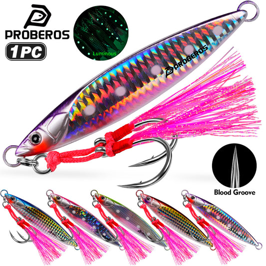 PROBEROS Metal Jig with Feather Assist Hook, 40g-100g, A-E Colors Pre-Rigged Saltwater Jigging Bait, Laser Finish