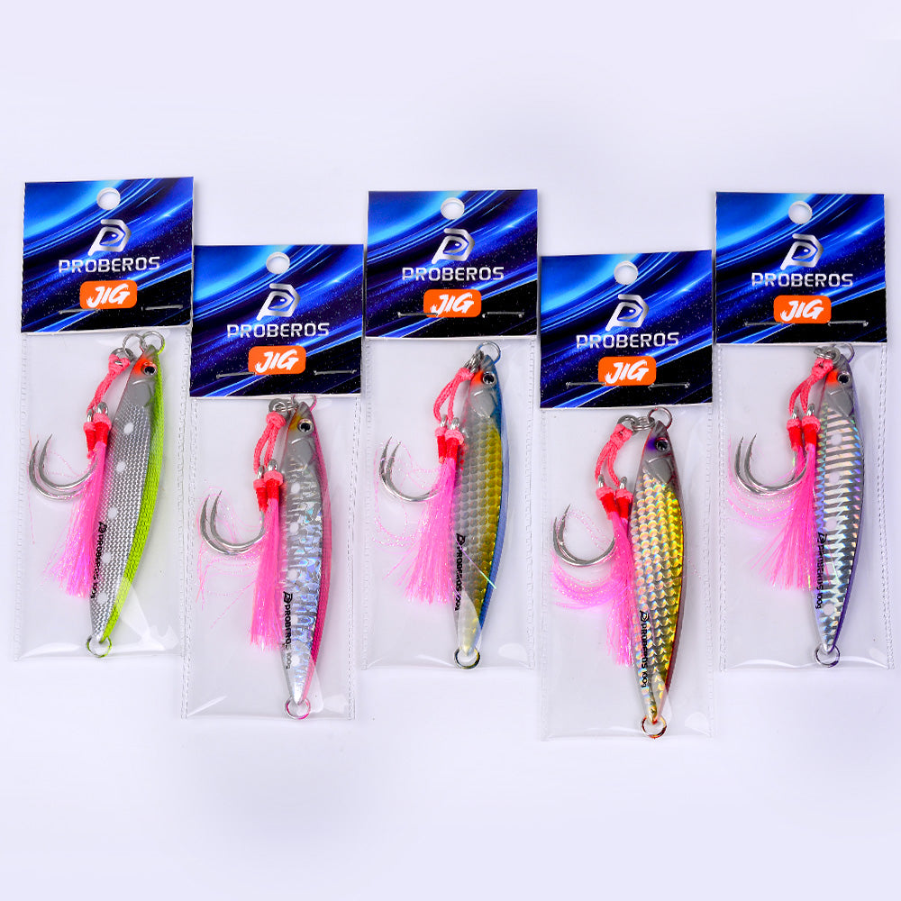 PROBEROS Metal Jig with Feather Assist Hook, 40g-100g, A-E Colors Pre-Rigged Saltwater Jigging Bait, Laser Finish