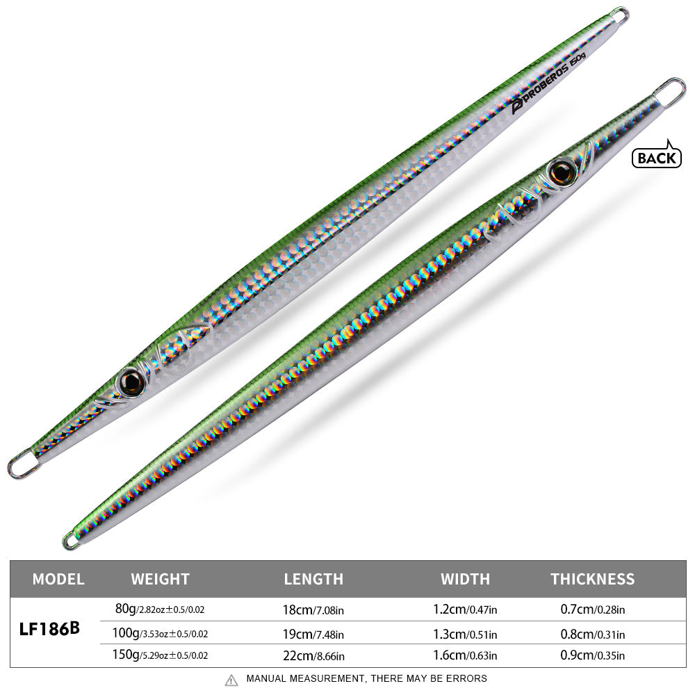 PROBEROS Offshore Vertical Jigging Lure, 80g-150g, A-E Colors &nbsp;Long Thin Metal Jig, Laser Reflective, for Deep Sea Fishing