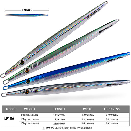 PROBEROS Offshore Vertical Jigging Lure, 80g-150g, A-E Colors &nbsp;Long Thin Metal Jig, Laser Reflective, for Deep Sea Fishing