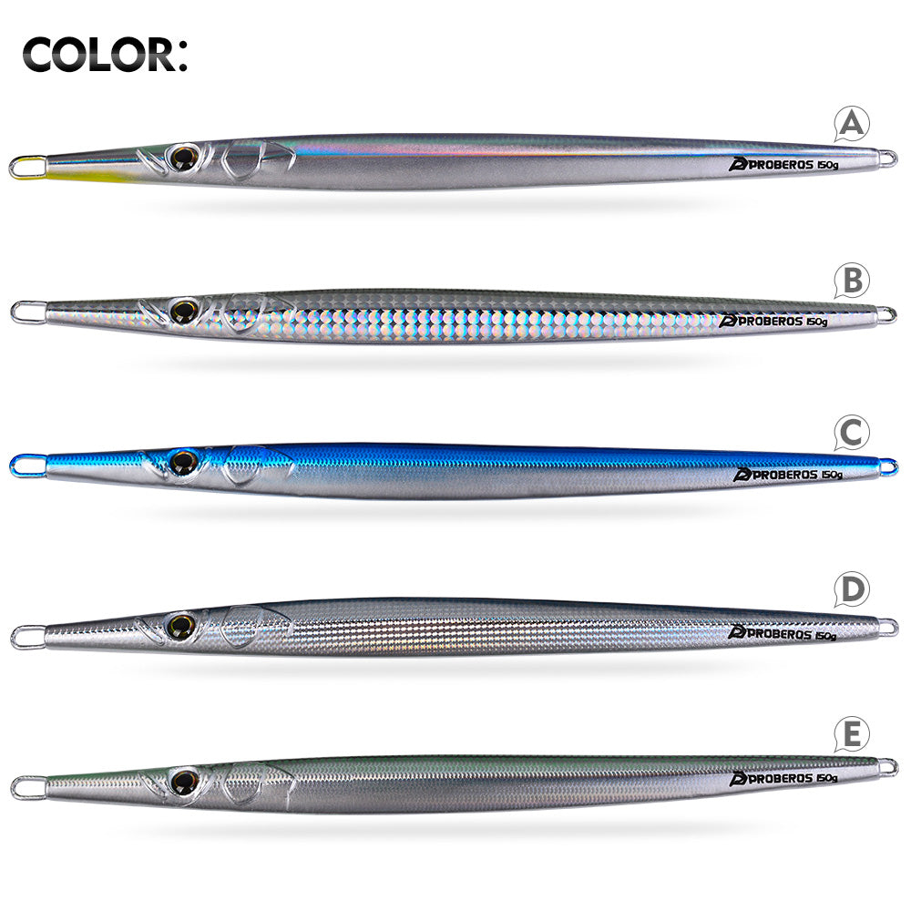 PROBEROS Offshore Vertical Jigging Lure, 80g-150g, A-E Colors &nbsp;Long Thin Metal Jig, Laser Reflective, for Deep Sea Fishing