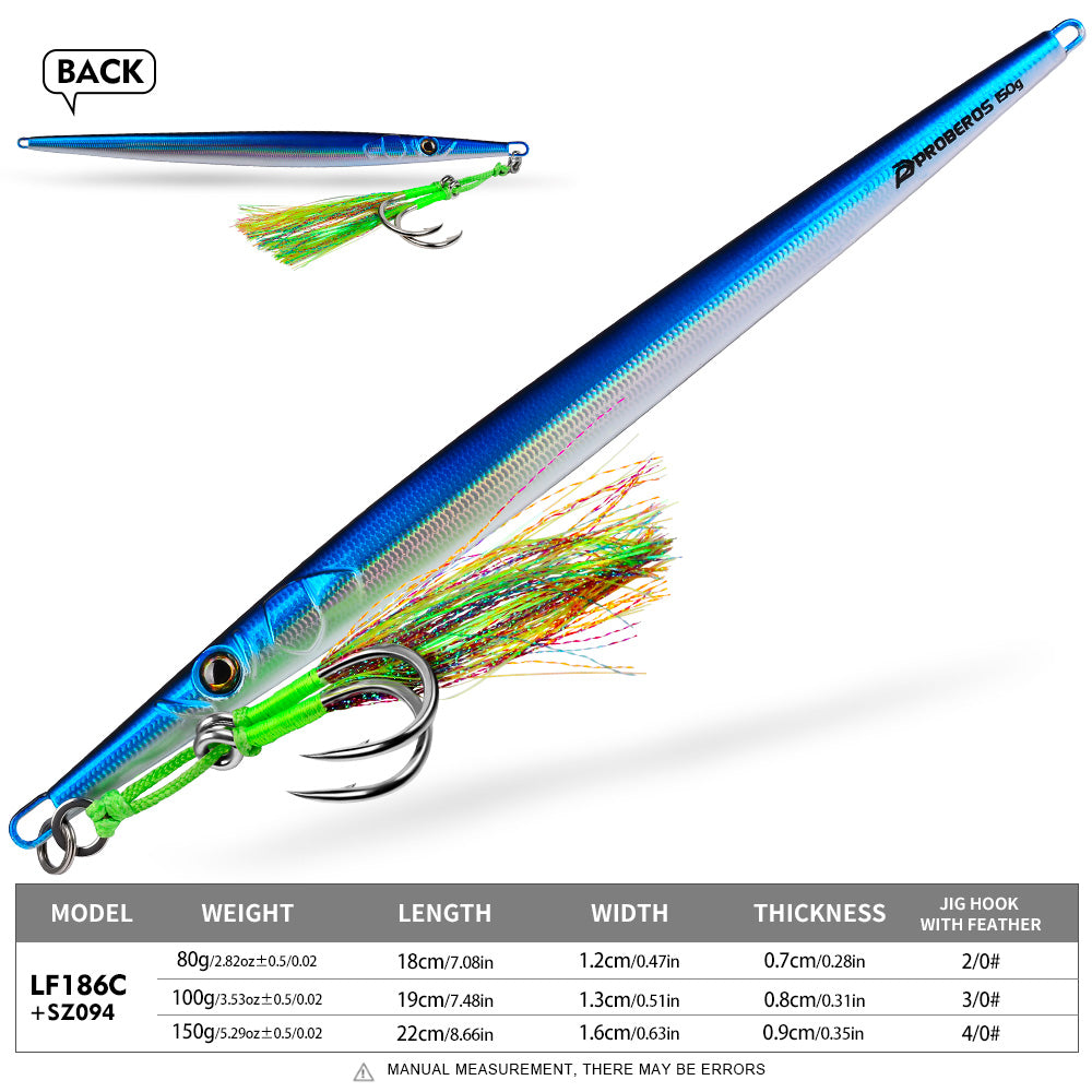 PROBEROS 5pcs Metall Jig 30/60/100/150/200/250g Lange gegossene schnelle sinkende Jigging Köder Fischen Köder Forelle Künstliche harte Köder Tackle