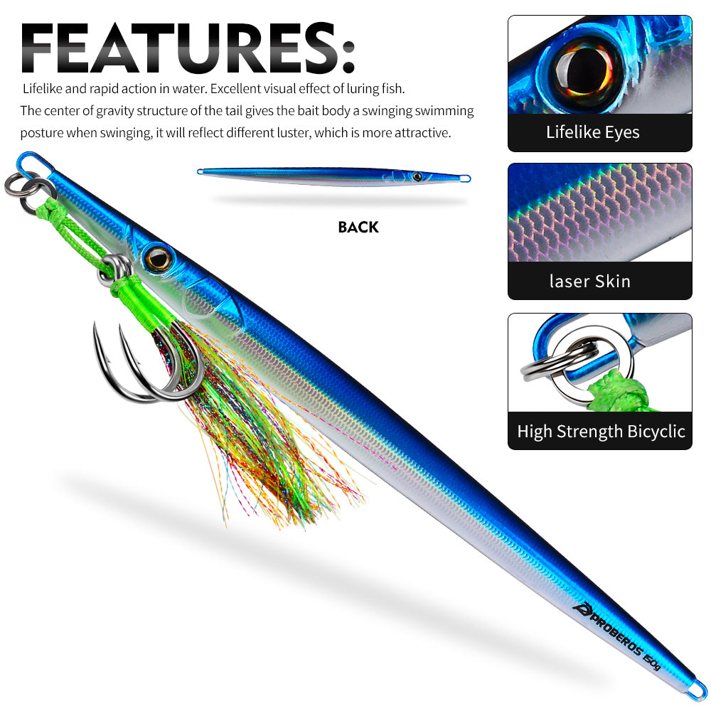 PROBEROS 5pcs Metall Jig 30/60/100/150/200/250g Lange gegossene schnelle sinkende Jigging Köder Fischen Köder Forelle Künstliche harte Köder Tackle