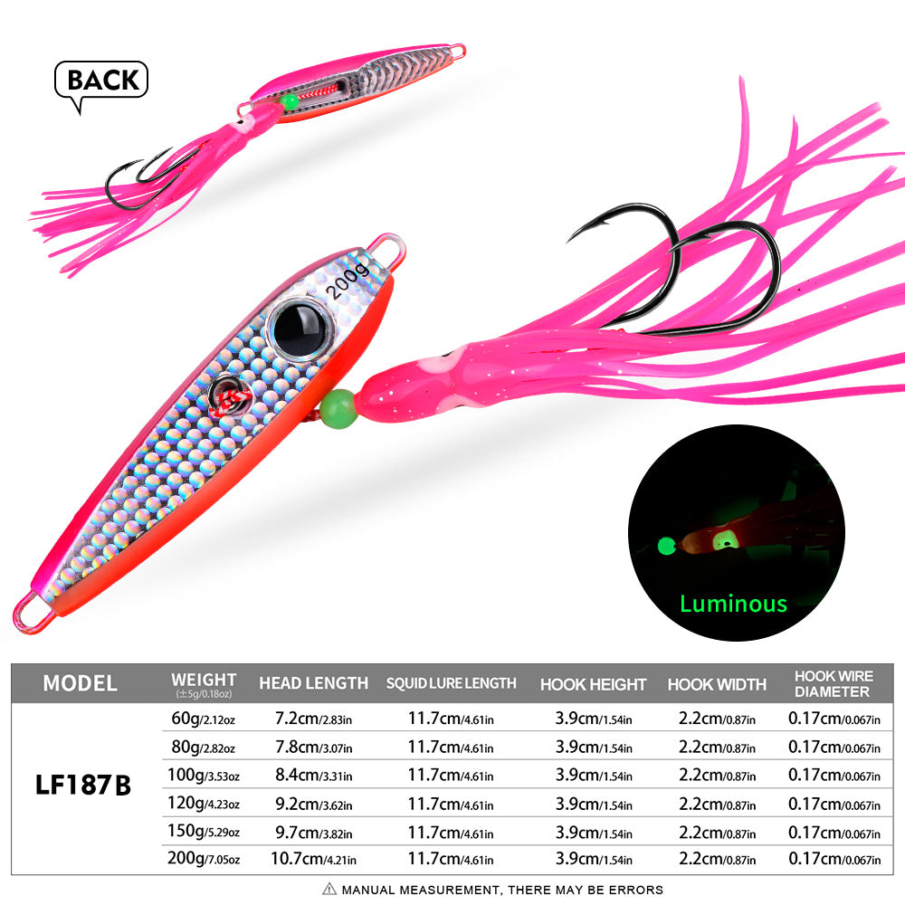 PROBEROS Saltwater Lead Head Squid Jig, Pre-Rigged with Squid Bait Lead Jigging Lure with Squid Skirt, 60g-200g, A-E Colors