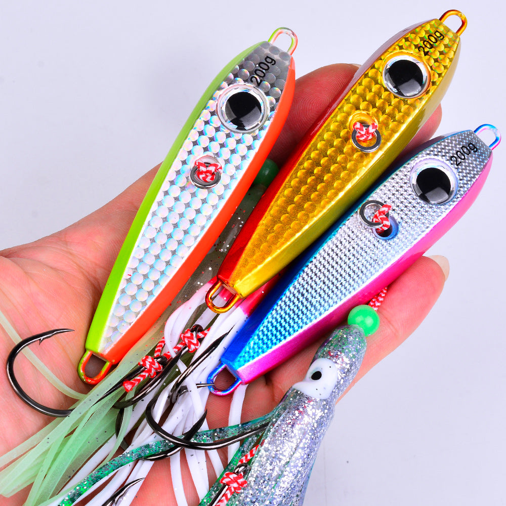 PROBEROS Saltwater Lead Head Squid Jig, Pre-Rigged with Squid Bait Lead Jigging Lure with Squid Skirt, 60g-200g, A-E Colors