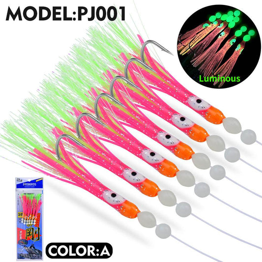 PROBEROS 5pcs Soft silicone fishing lure set,1 bag 6 string hook,Glow Squid Hook,artificial squid bait ,Fishing Gear Accessories - Proberos