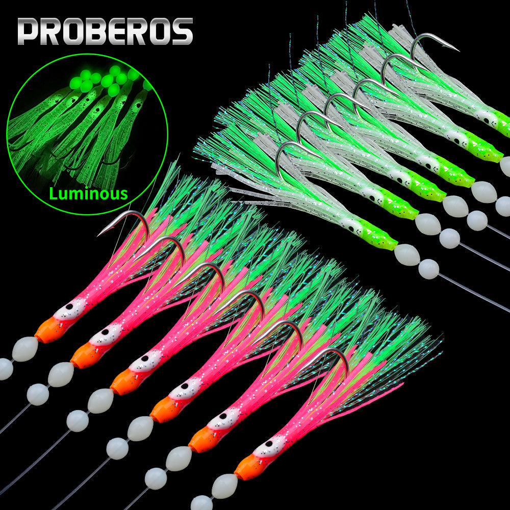 PROBEROS 5pcs Soft silicone fishing lure set,1 bag 6 string hook,Glow Squid Hook,artificial squid bait ,Fishing Gear Accessories
