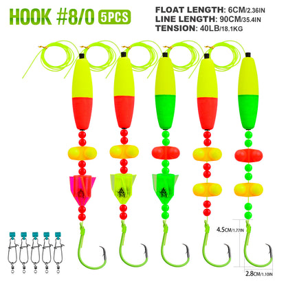 PROBEROS PJ007 Pre-Tied Catfish Float Rig Set Luminous6/0#-10/0# 5PCS