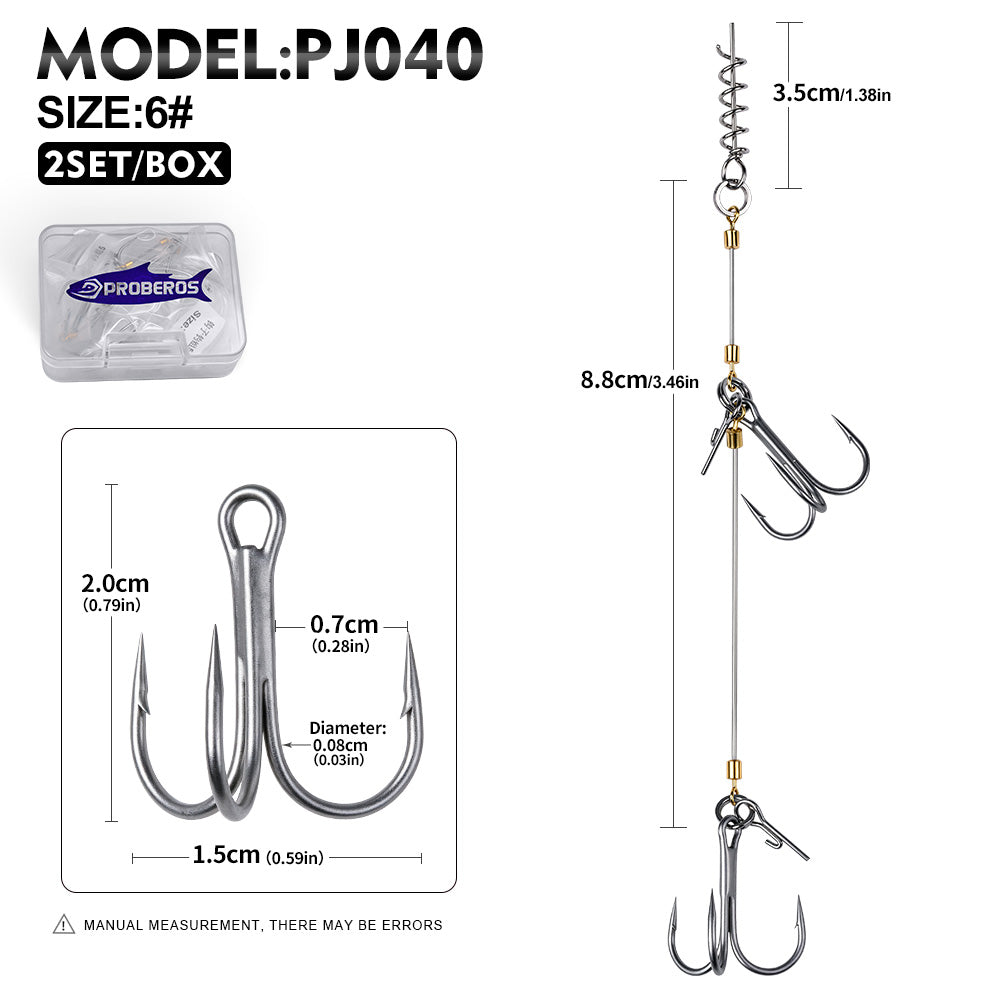 PROBEROS PJ040 Steel Wire Stinger Rig Spring Screw Pin Treble Hook 2Sets