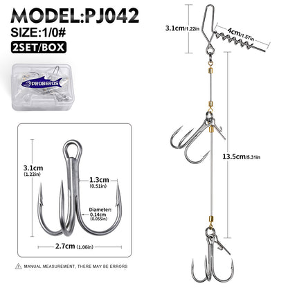 PROBEROS PJ042 Pre-Tied Double Treble Hook Rig Wire Leader (2 Sets)