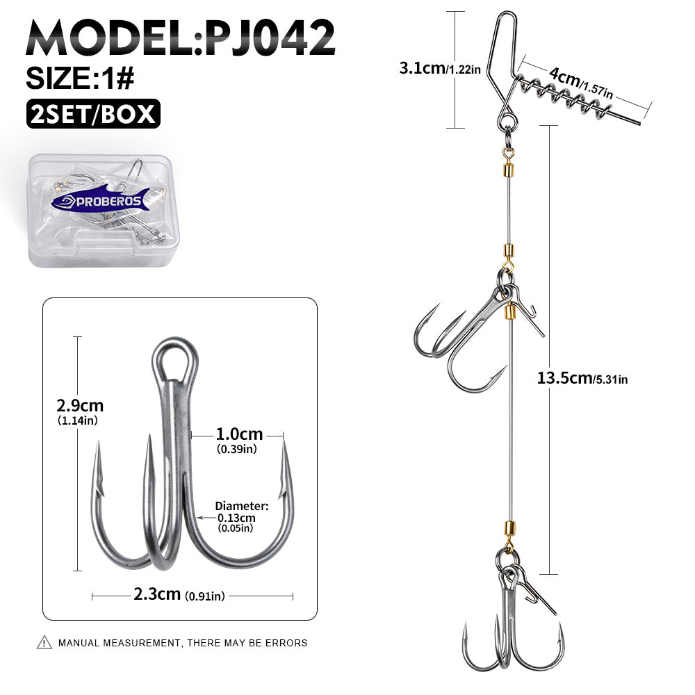 PROBEROS PJ042 Pre-Tied Double Treble Hook Rig Wire Leader (2 Sets)