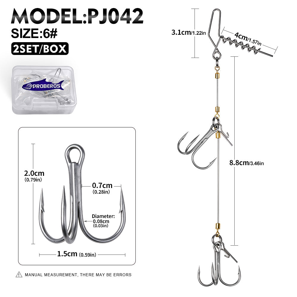 PROBEROS PJ042 Pre-Tied Double Treble Hook Rig Wire Leader (2 Sets)