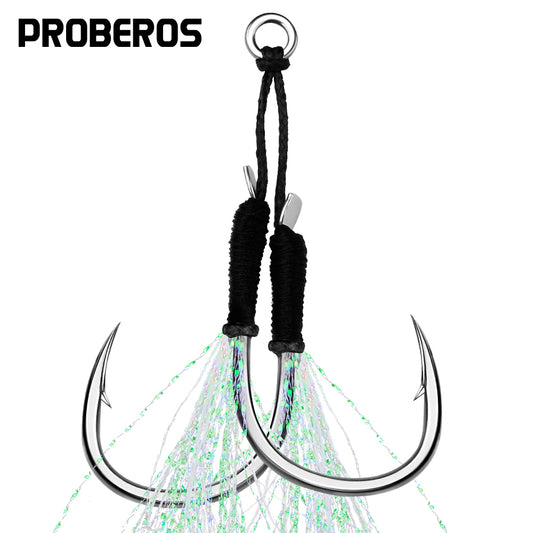 PROBEROS  2Pcs  5pc/set  Metal Jig Tail Assist Hooks 11-19# With PE Line Feather Solid Ring Jigging Fishhook for 5-80g Lure Fishing Hooks