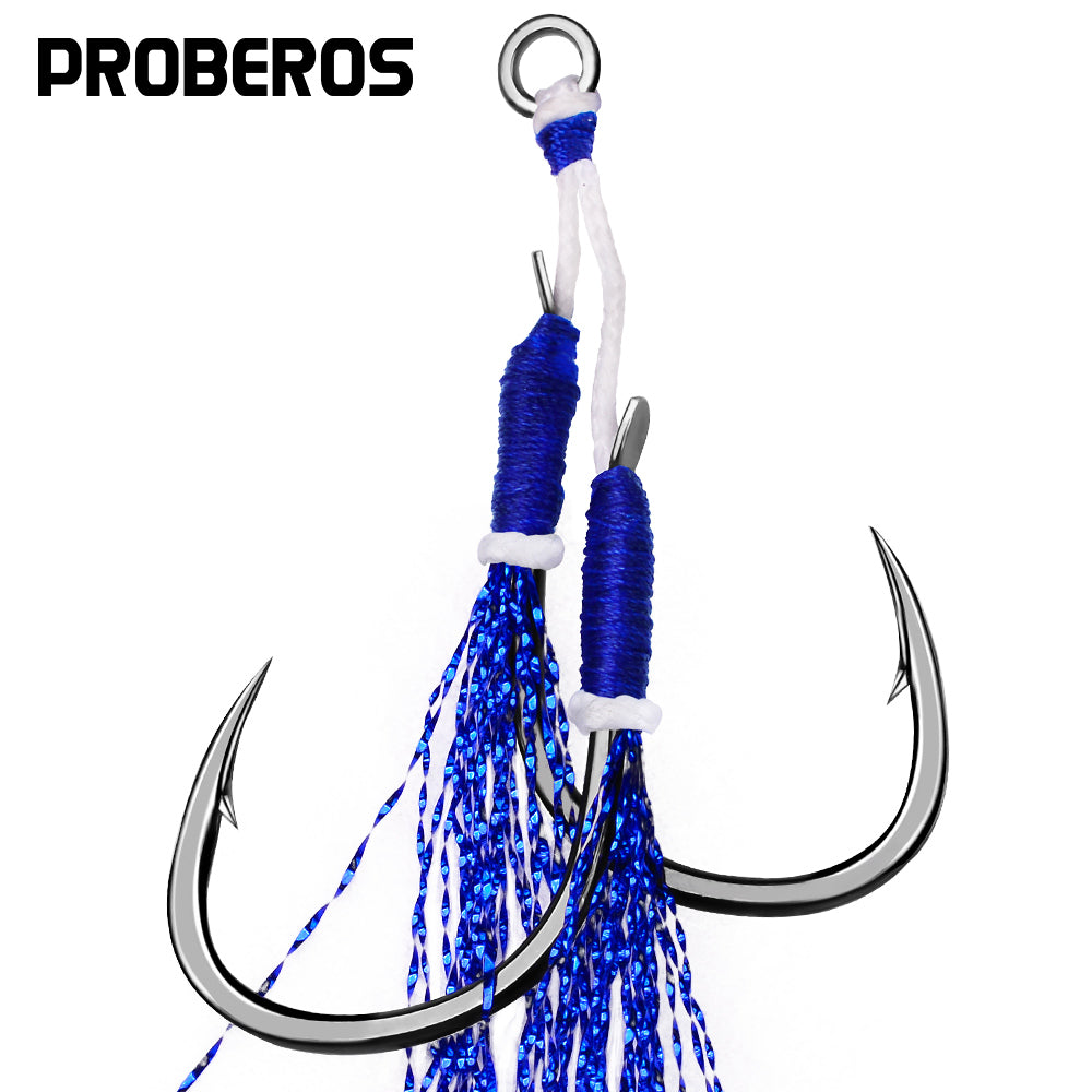 PROBEROS  2Pcs  5pc/set  Metal Jig Tail Assist Hooks 11-19# With PE Line Feather Solid Ring Jigging Fishhook for 5-80g Lure Fishing Hooks