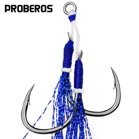 PROBEROS  2Pcs  5pc/set  Metal Jig Tail Assist Hooks 11-19# With PE Line Feather Solid Ring Jigging Fishhook for 5-80g Lure Fishing Hooks