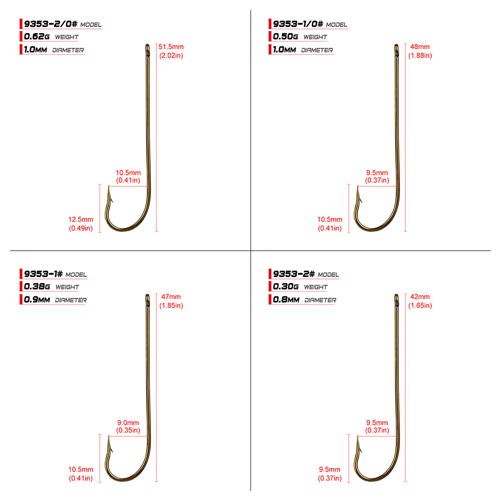 PROBEROS 9353 Aberdeen Hooks Size Chart Showing Dimensions 1# to 6/0#
