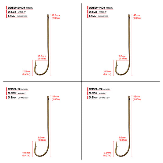 PROBEROS 9353 Aberdeen Hooks Size Chart Showing Dimensions 1# to 6/0#