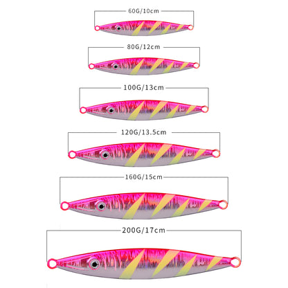 Size and weight chart for PROBEROS LF111 slow jigs 60g to 200g