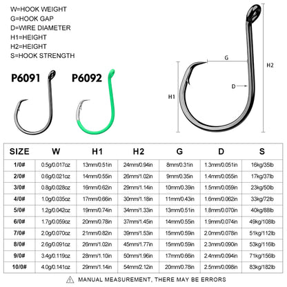 PROBEROS P6092 Circle Hooks Size Chart Showing Dimensions 1/0# to 10/0#