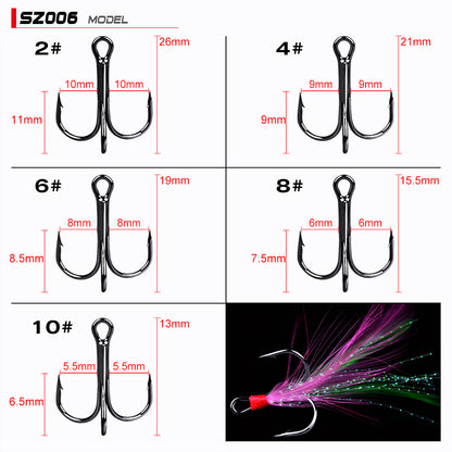 Specifications and size chart for PROBEROS feathered treble hooks showing 2# 4# 6# 8# 10# dimensions