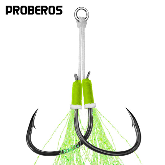 PROBEROS 5pcs Double Fishing Assist Hooks Kit,With tassels Slow Fall Jigging Lures,Perfect for Vertical Jigging,Outdoor fishing