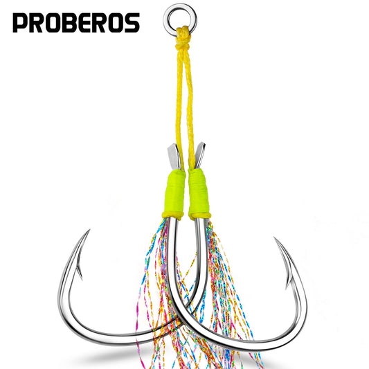 PROBEROS 5PC 2Pairs/lot High Carbon Steel Fishhooks 1/0-2/0-3/0-4/0-5/0# Slow Jig Assist Fishing Twin Hooks Double Barbed Durable Hook Peche